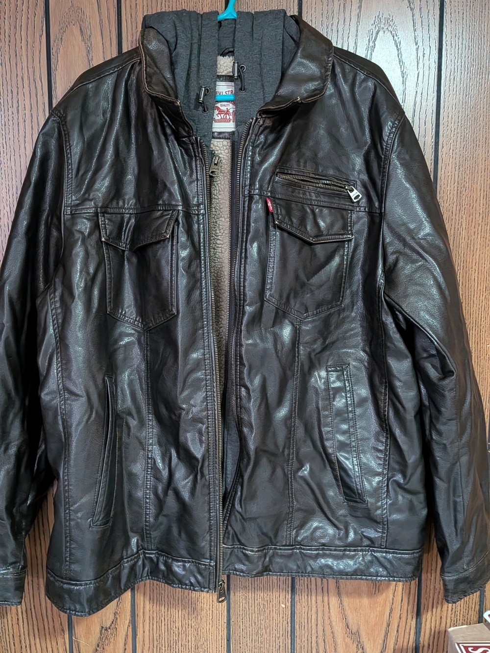 Levi's Brown Leather Look Bomber Jacket with Removable Hoodie Like New